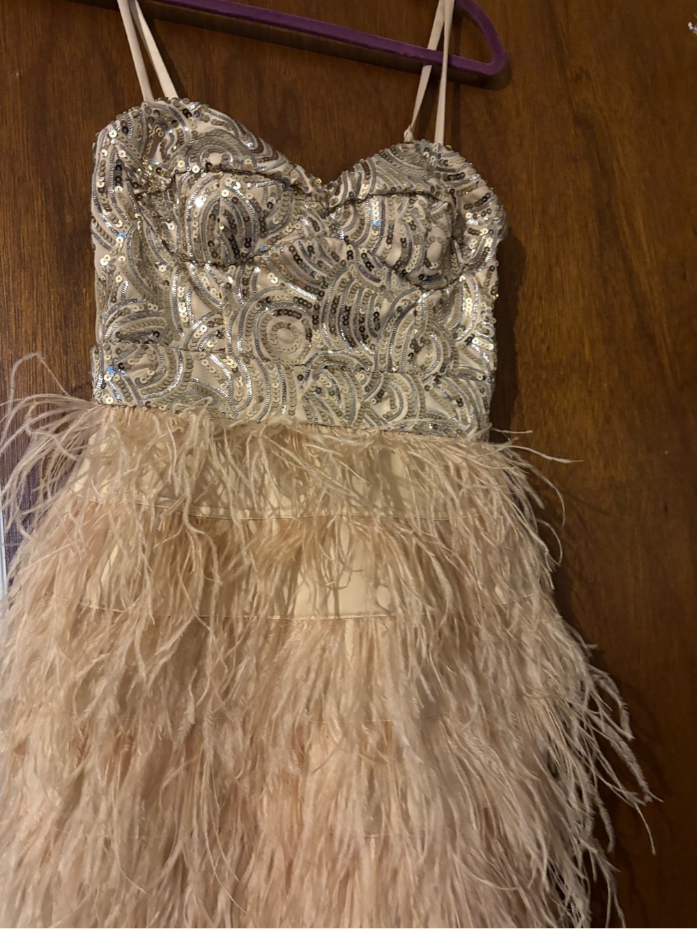 Bebe Girls Sequin Bodice Feather Skirt Dress in Cream